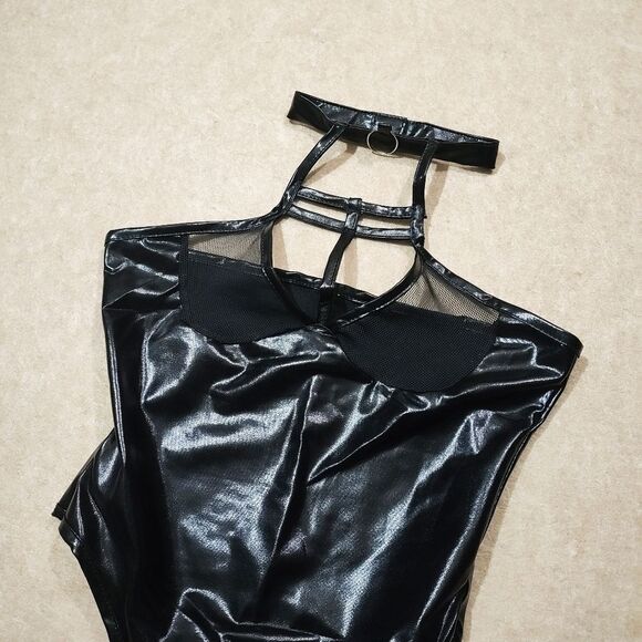 BDSM Women's Black Faux Leather Black Halter Mesh Lingerie Bodysuit #4 - Picture 7 of 9